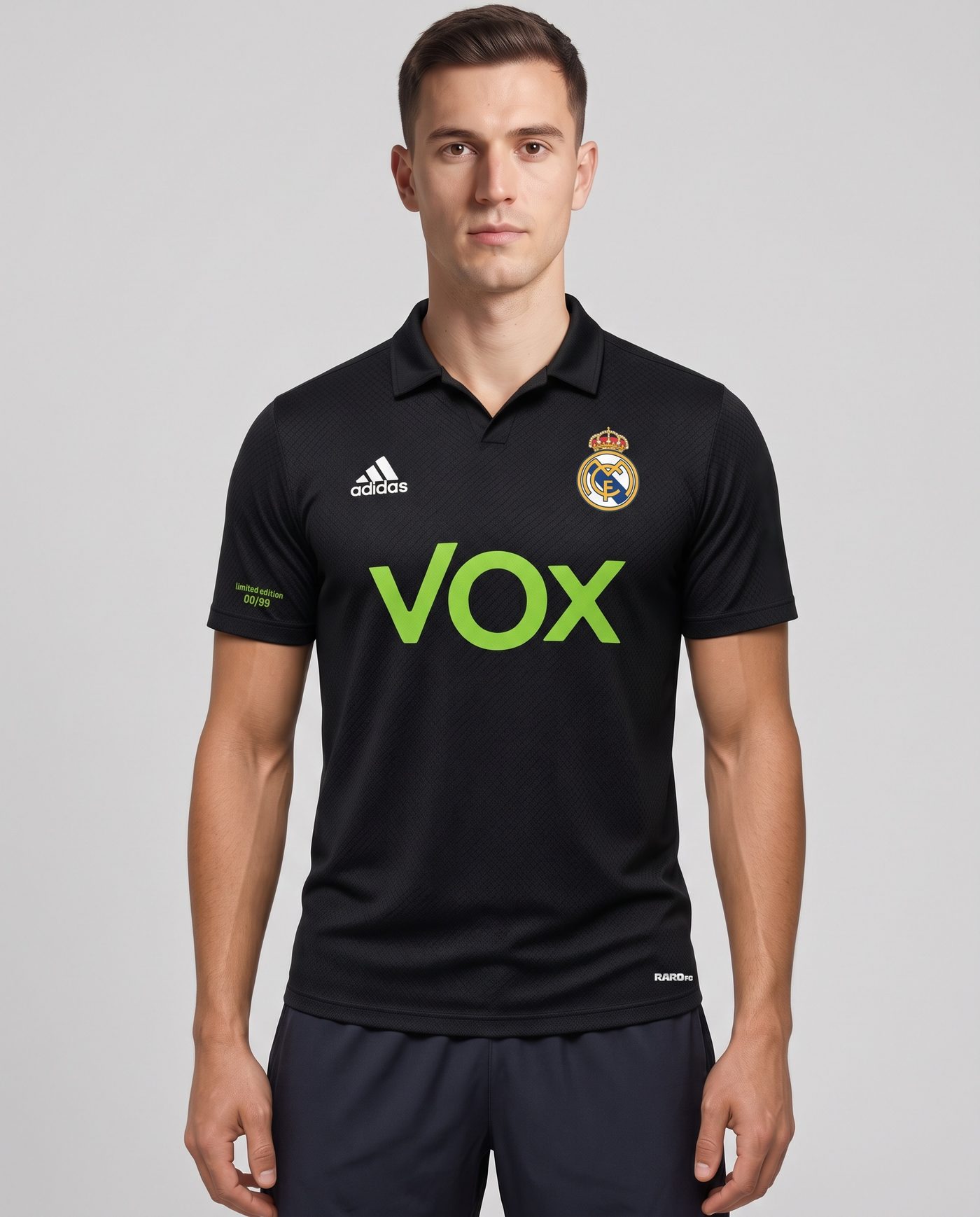Front view wearing the black Real Madrid S. Abascal 1 shirt