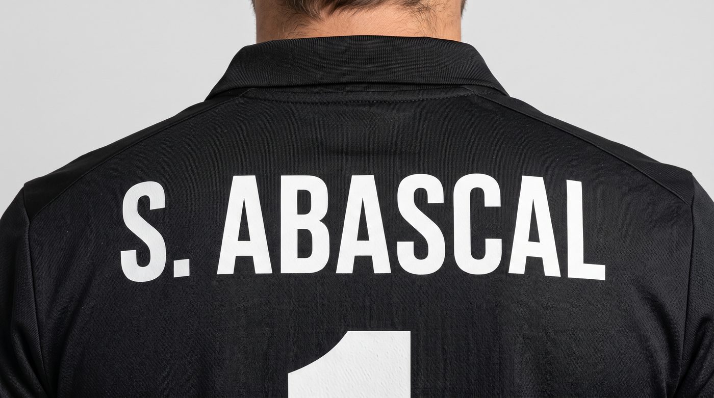 Close-up of the name S. Abascal on the back of the black Real Madrid shirt