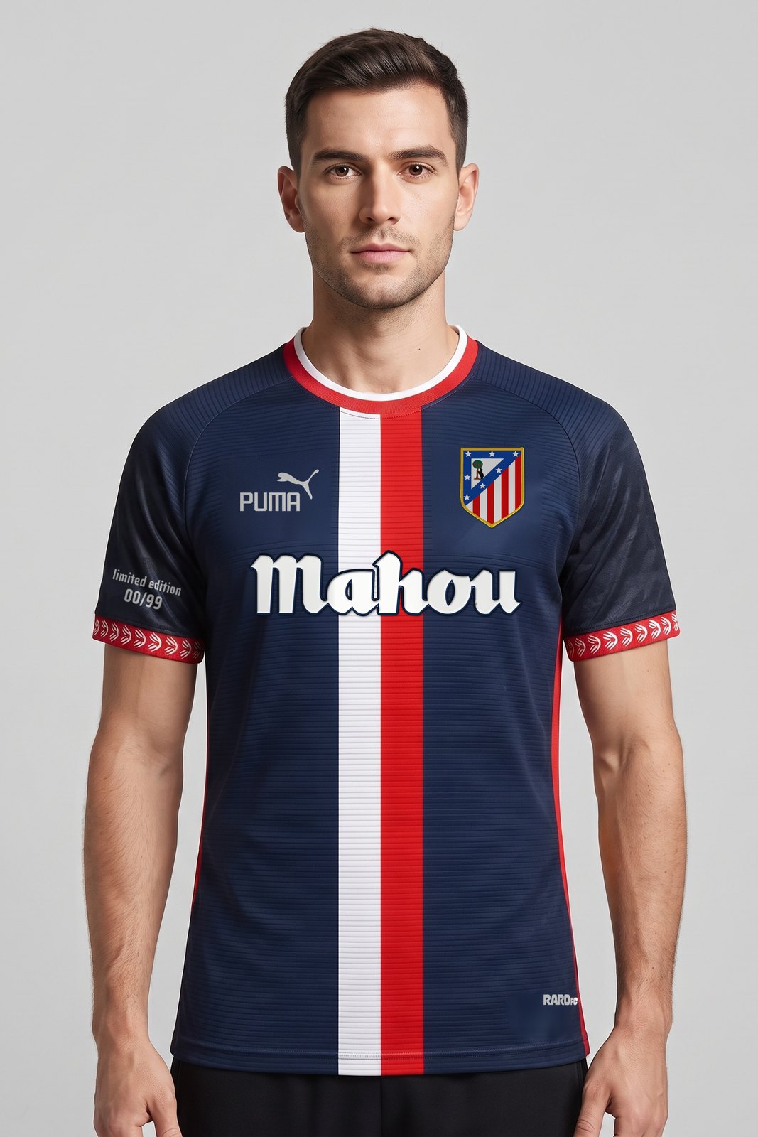 Vista frontal con la camiseta azul Atlético L. Aragonés 8 puesta