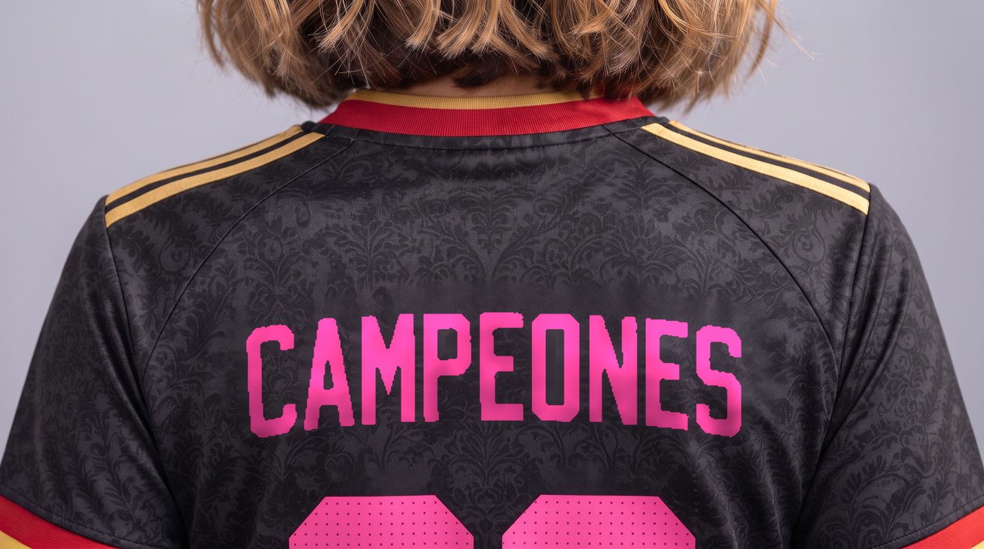 Close-up of the name Campeones on the back of the women's black and pink Spain shirt