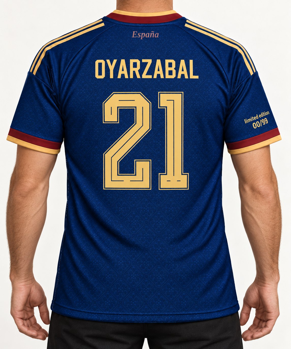 Vista trasera con la camiseta España Campeones 2026 puesta, con nombre y dorsal