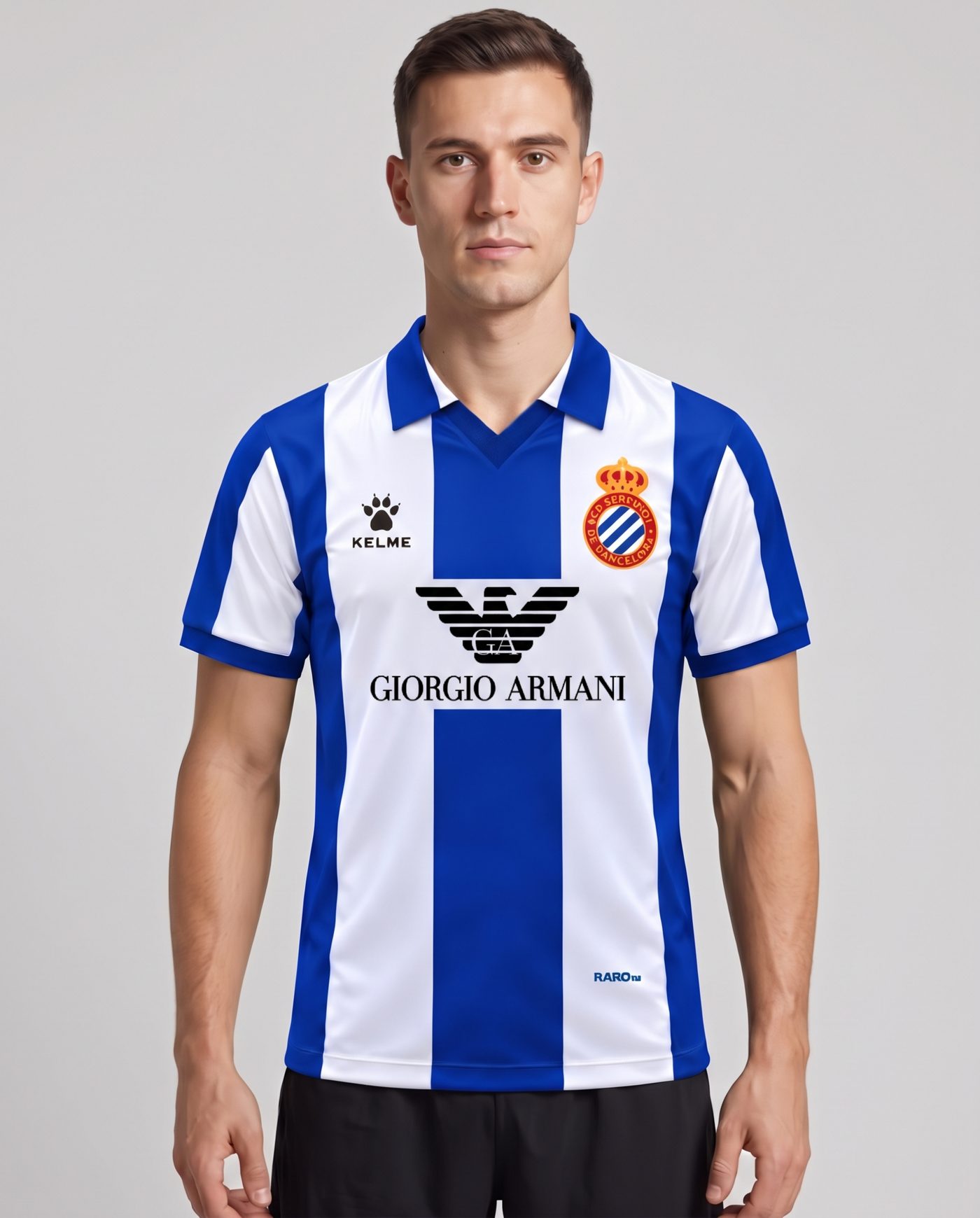 Front view wearing the blue and white Espanyol Canito 5 shirt