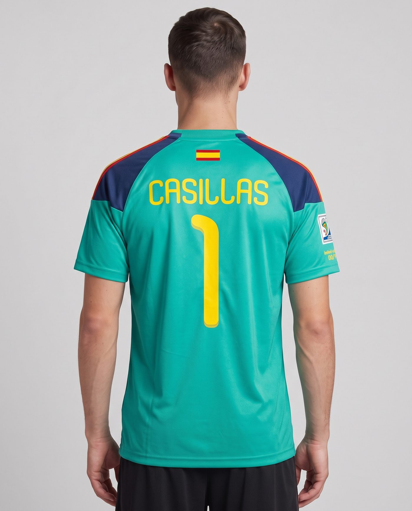 Vista trasera con la camiseta turquesa de España puesta, con el nombre Casillas y el dorsal 1