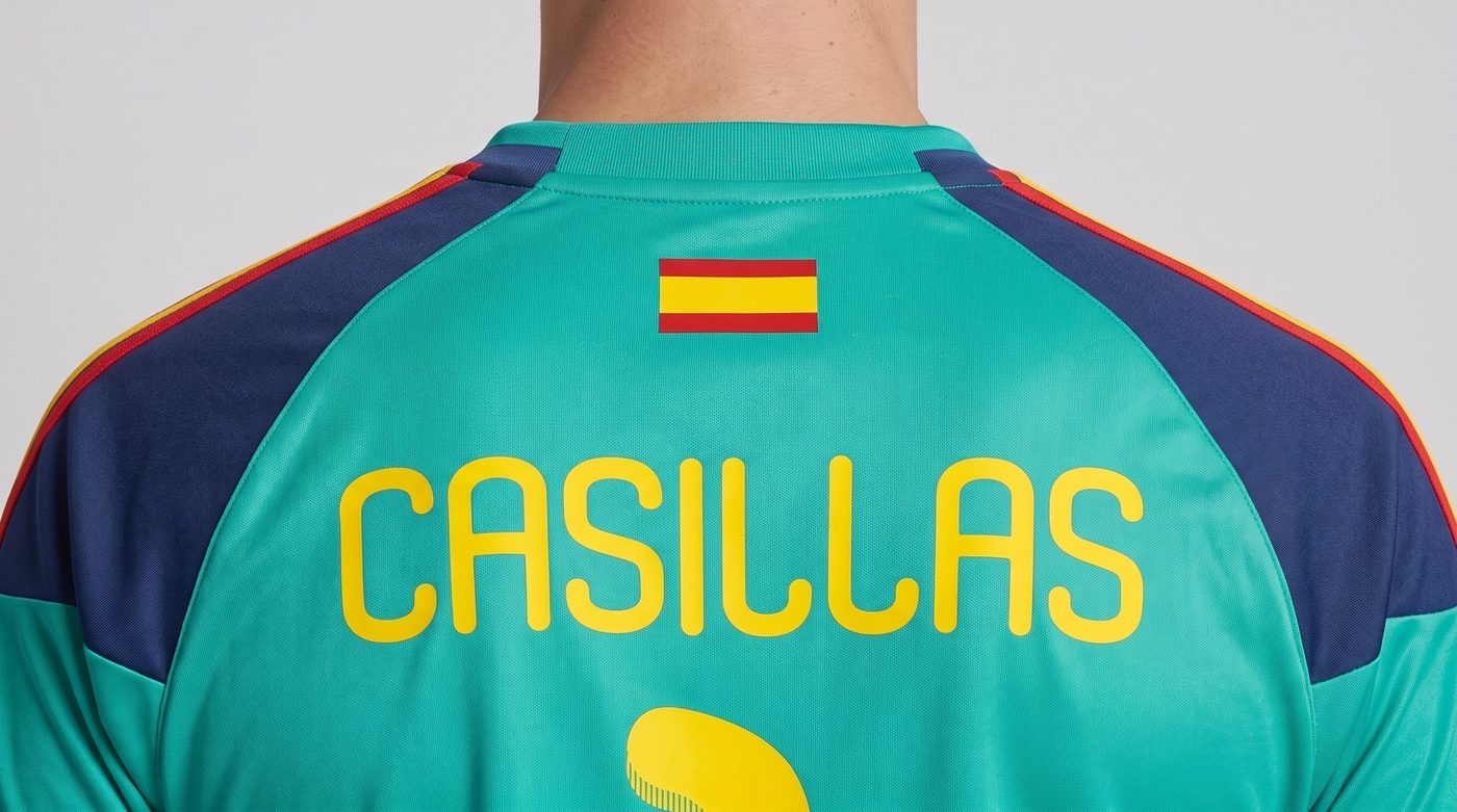 Detalle del nombre Casillas en la espalda de la camiseta turquesa de España