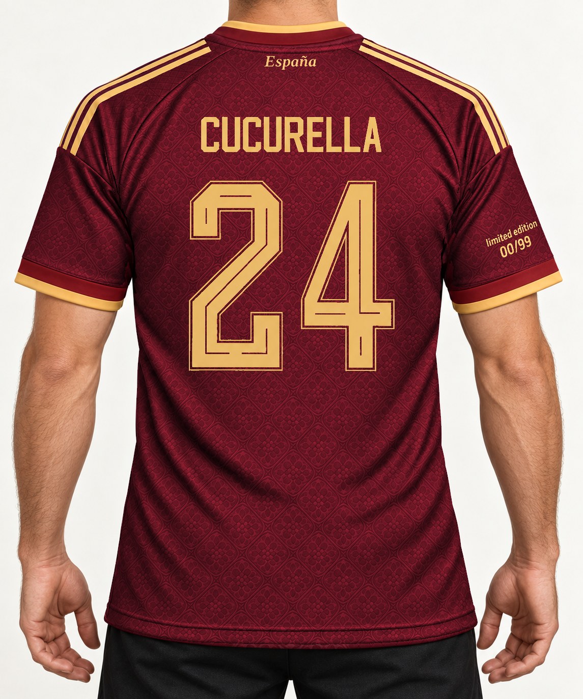 Vista trasera con la camiseta burdeos España Cucurella 24 puesta