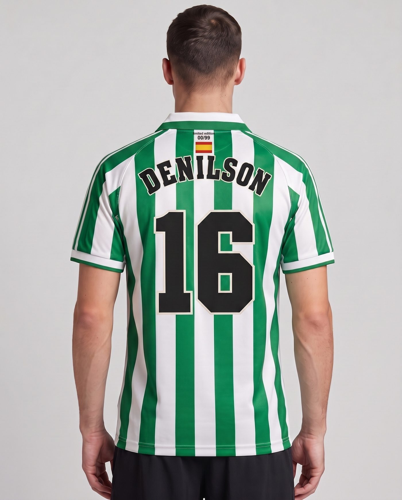 Back view wearing the green and white Betis shirt, with the name Denilson and the number 16