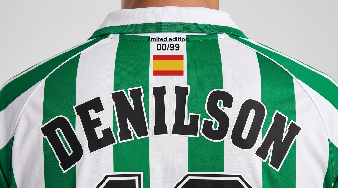 Close-up of the name Denilson on the back of the green and white Betis shirt