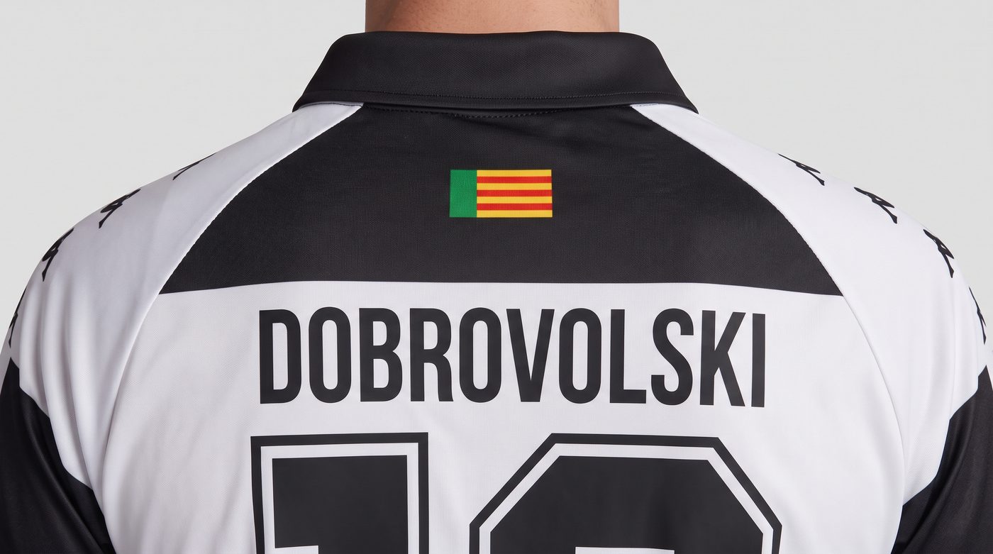 Close-up of the name Dobrovolski on the back of the white and black Castellón shirt