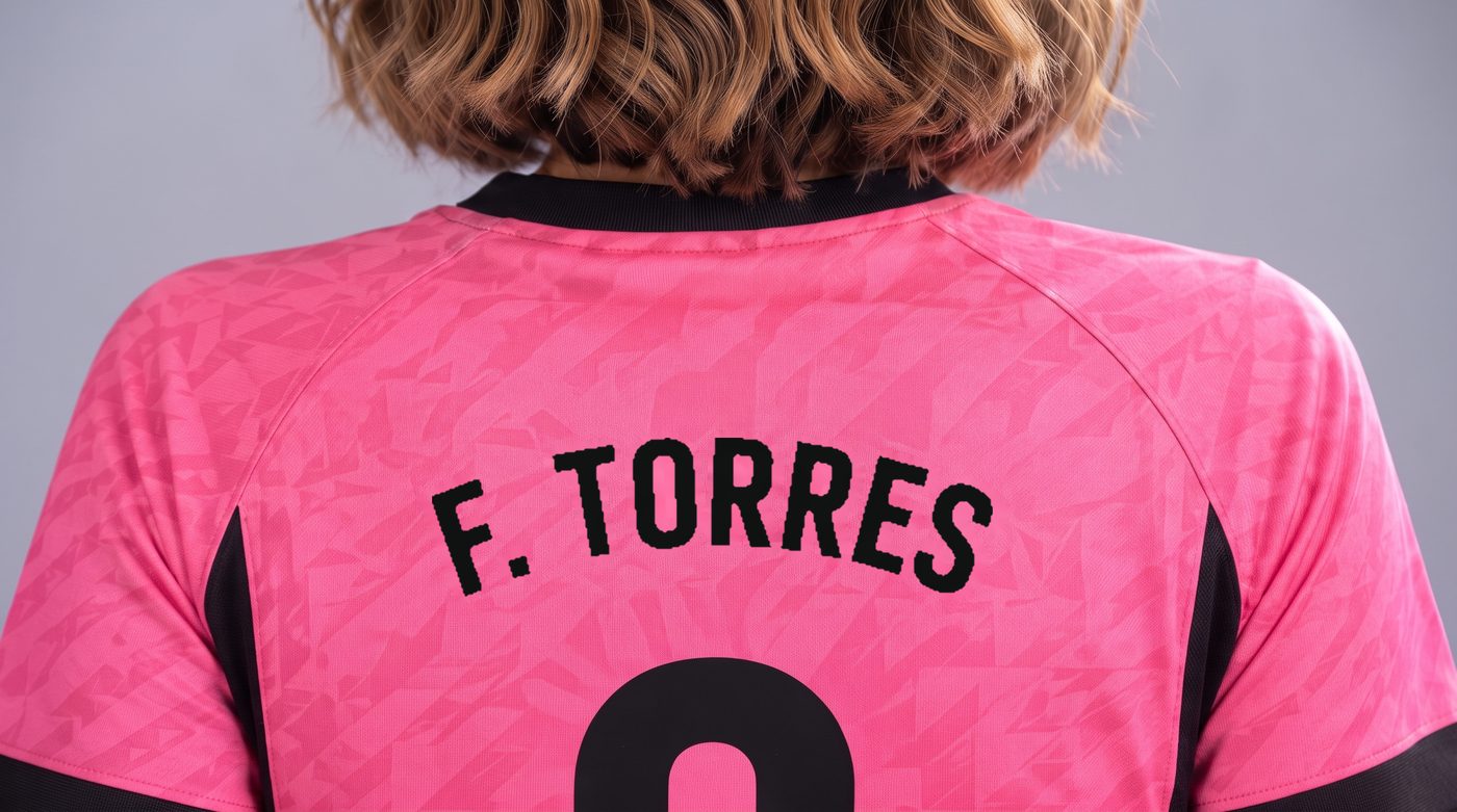Close-up of the name F. Torres on the back of the women's pink and black Atlético shirt