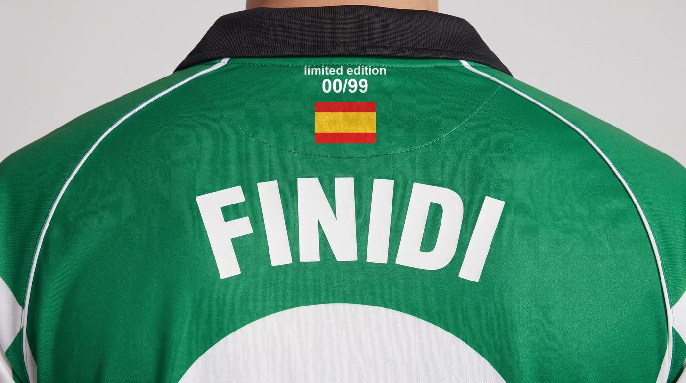 Detalle del nombre Finidi en la espalda de la camiseta verdiblanca del Betis