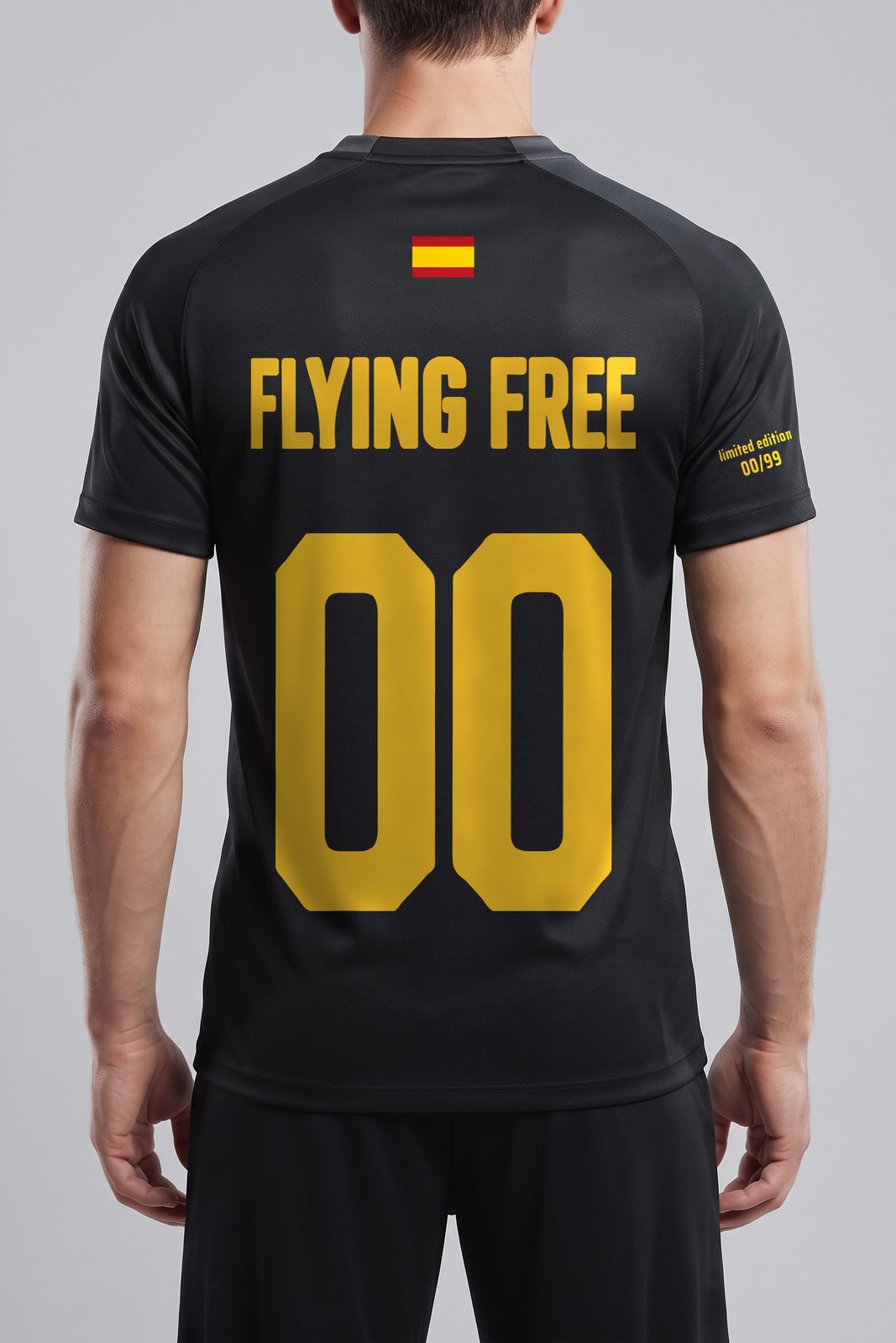 Back view of the black Barcelona Flying Free 00 shirt being worn: flag, name and number 00
