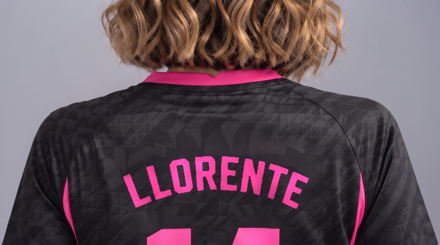 Close-up of the name Llorente on the back of the women's black and pink Atlético shirt
