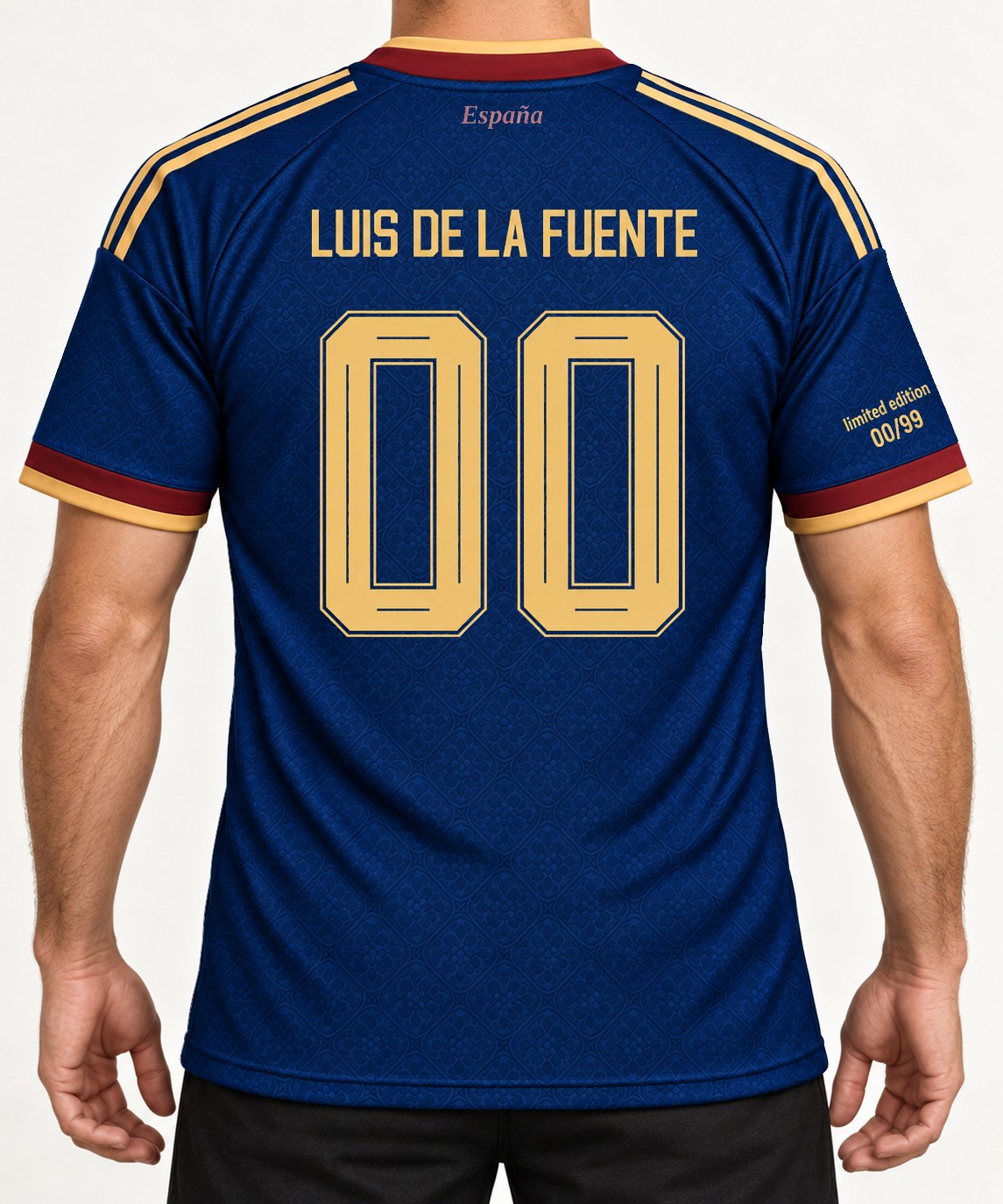 Back view of the Spain Champions 2026 shirt being worn, with the Luis de la Fuente name and number 00