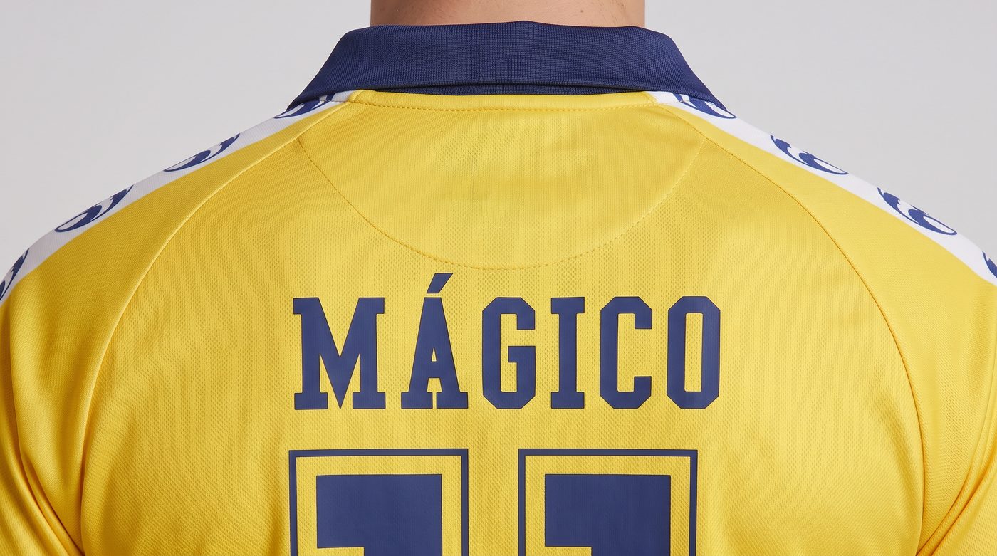 Close-up of the name Mágico on the back of the yellow Cádiz shirt