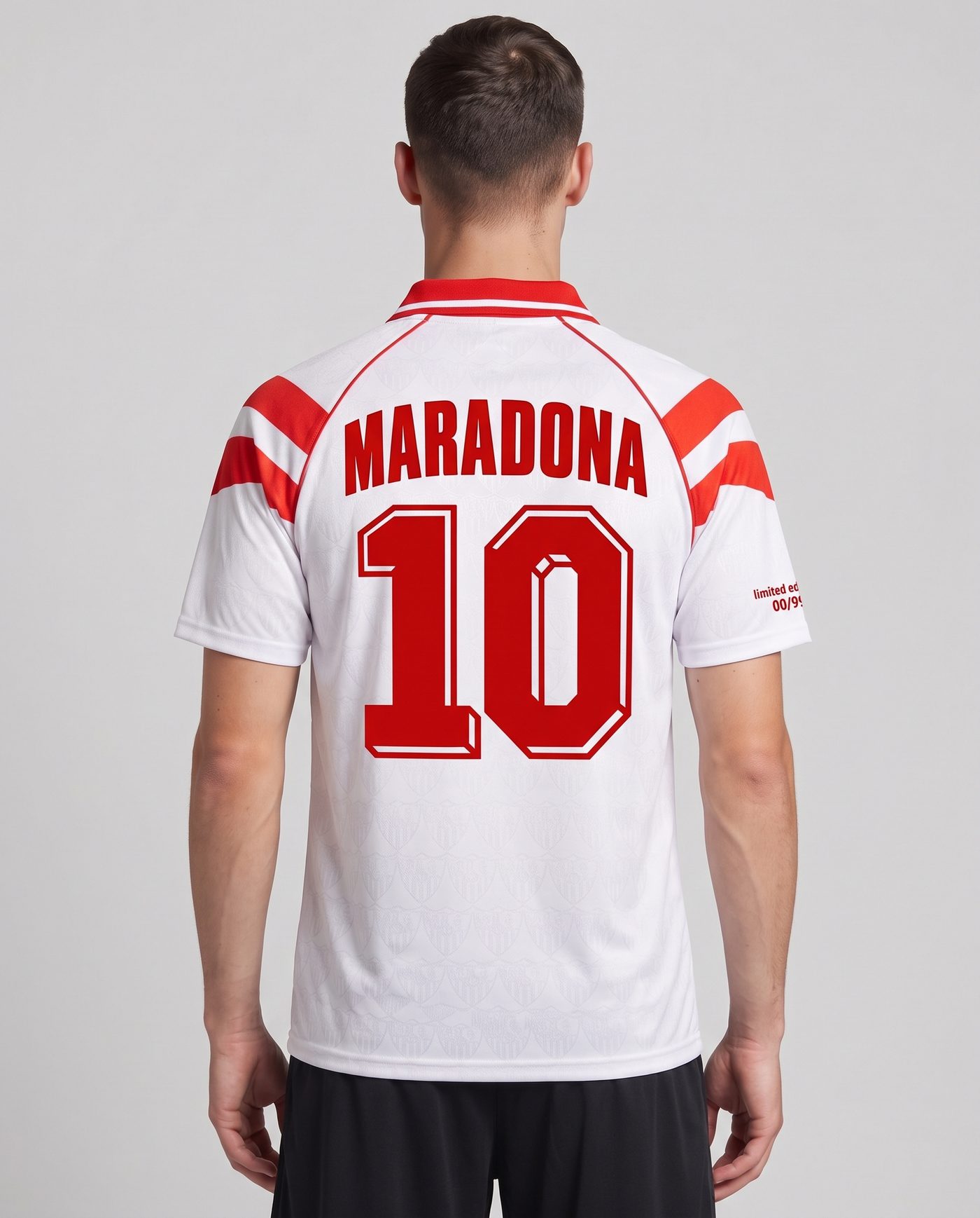 Back view wearing the white Sevilla shirt, with the name Maradona and the number 10