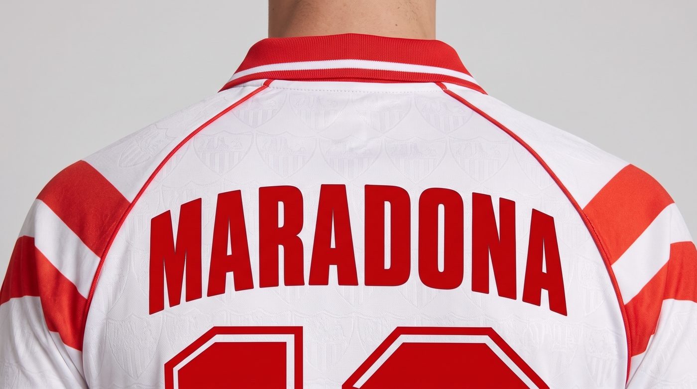 Close-up of the name Maradona on the back of the white Sevilla shirt