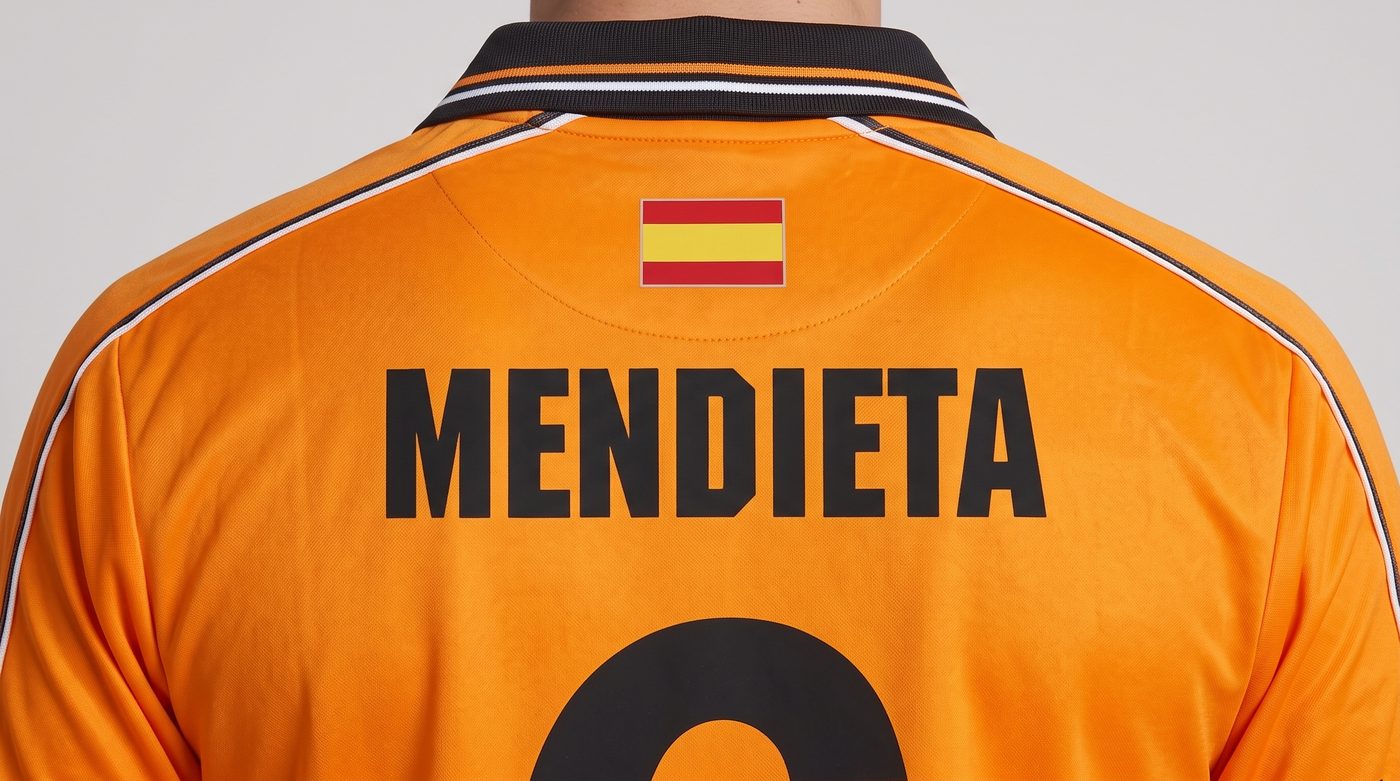 Close-up of the name Mendieta on the back of the orange Valencia shirt