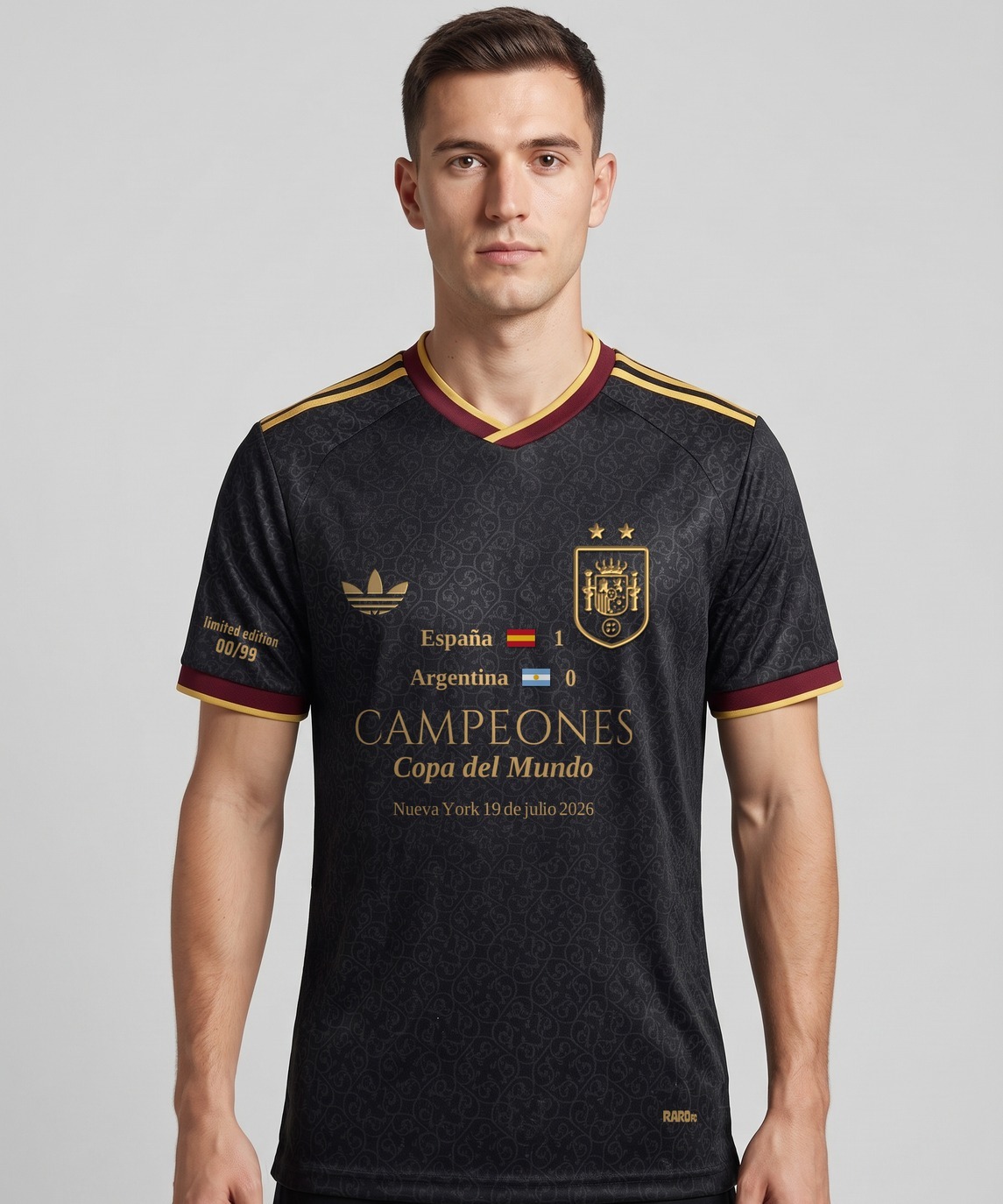 Vista frontal con la camiseta negra España Campeones 2026 Rodri 16 puesta