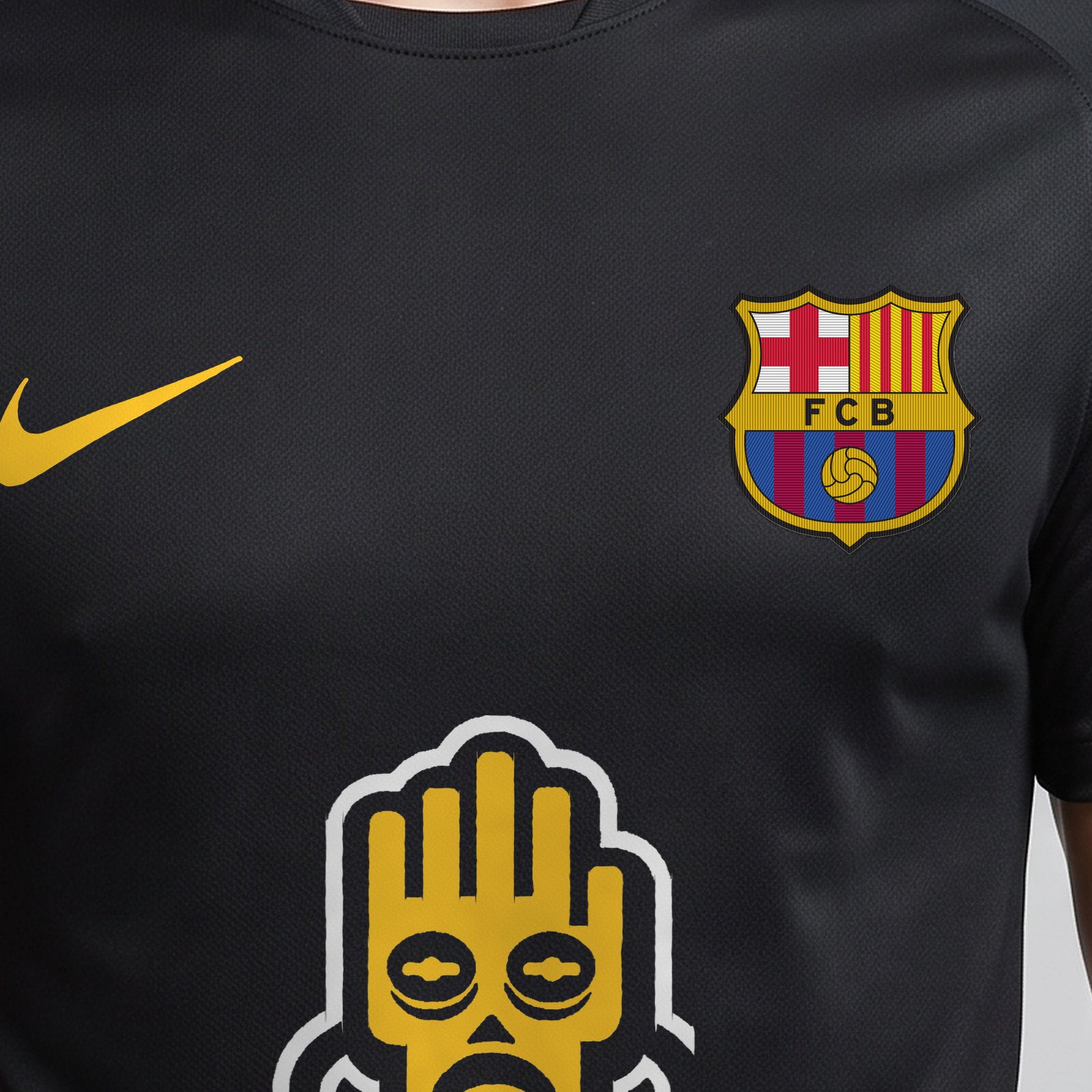 Detalle frontal de la camiseta Stoichkov 8: escudo bordado, marca y patrocinador Scorpia