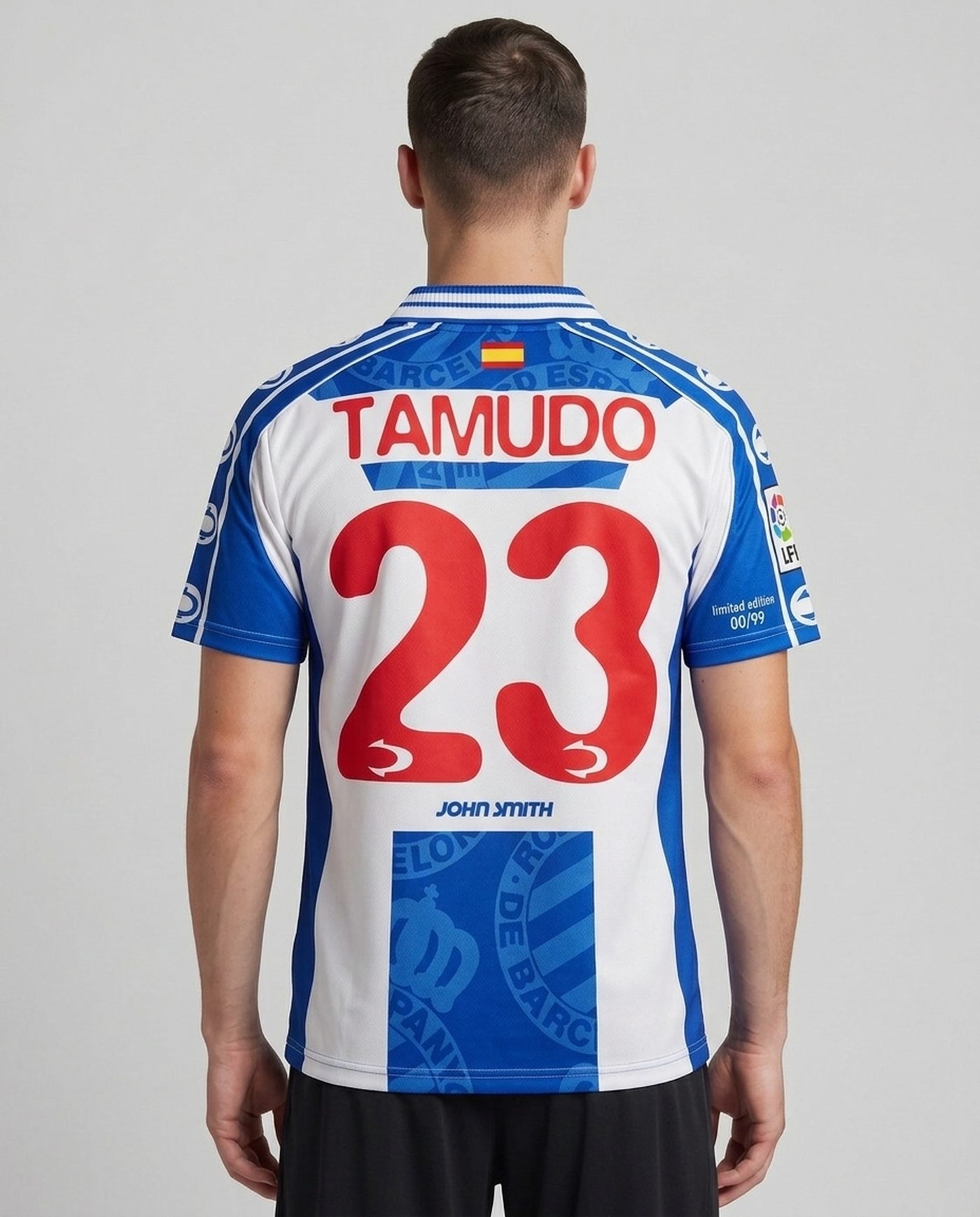 Back view wearing the blue and white Espanyol shirt, with the name Tamudo and the number 23